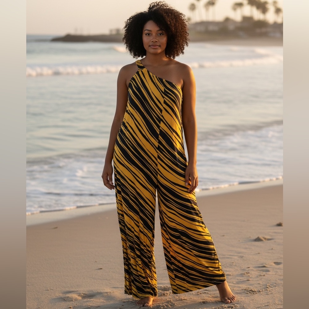 ILLORD Yellow Blue Striped One-Shoulder Jumpsuit Vacation Cruise Plus Size